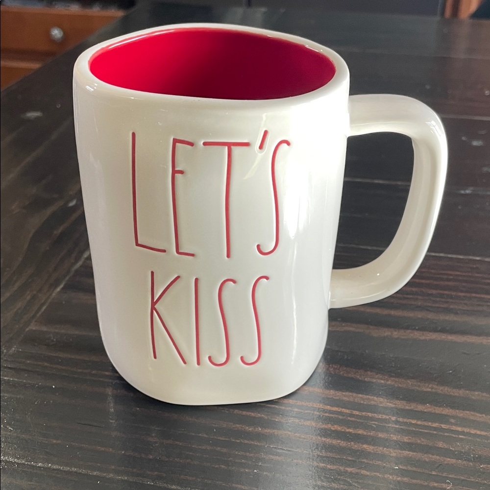 RAE DUNN Mug with Red Interior and 'LET'S KISS' Design